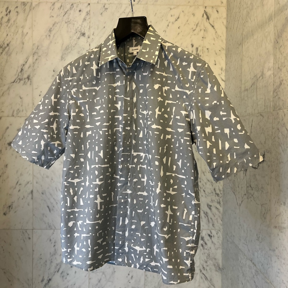 Jil Sander printed short sleeve cotton shirt light grey on white, size medium